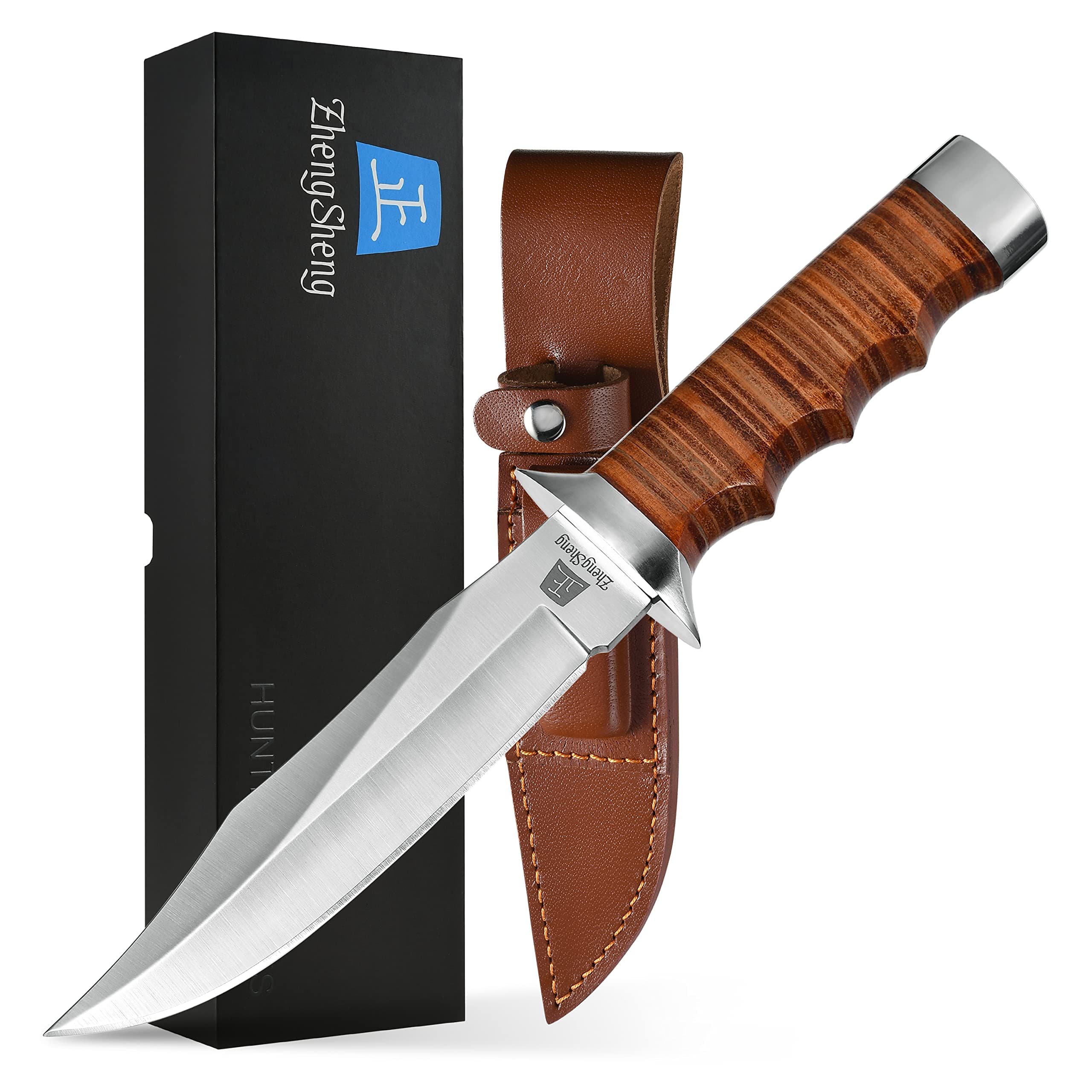 5.8 Inch Fixed Blade Hunting Knife with Leather Sheath Genuine Leather Handle for Camping & Hiking