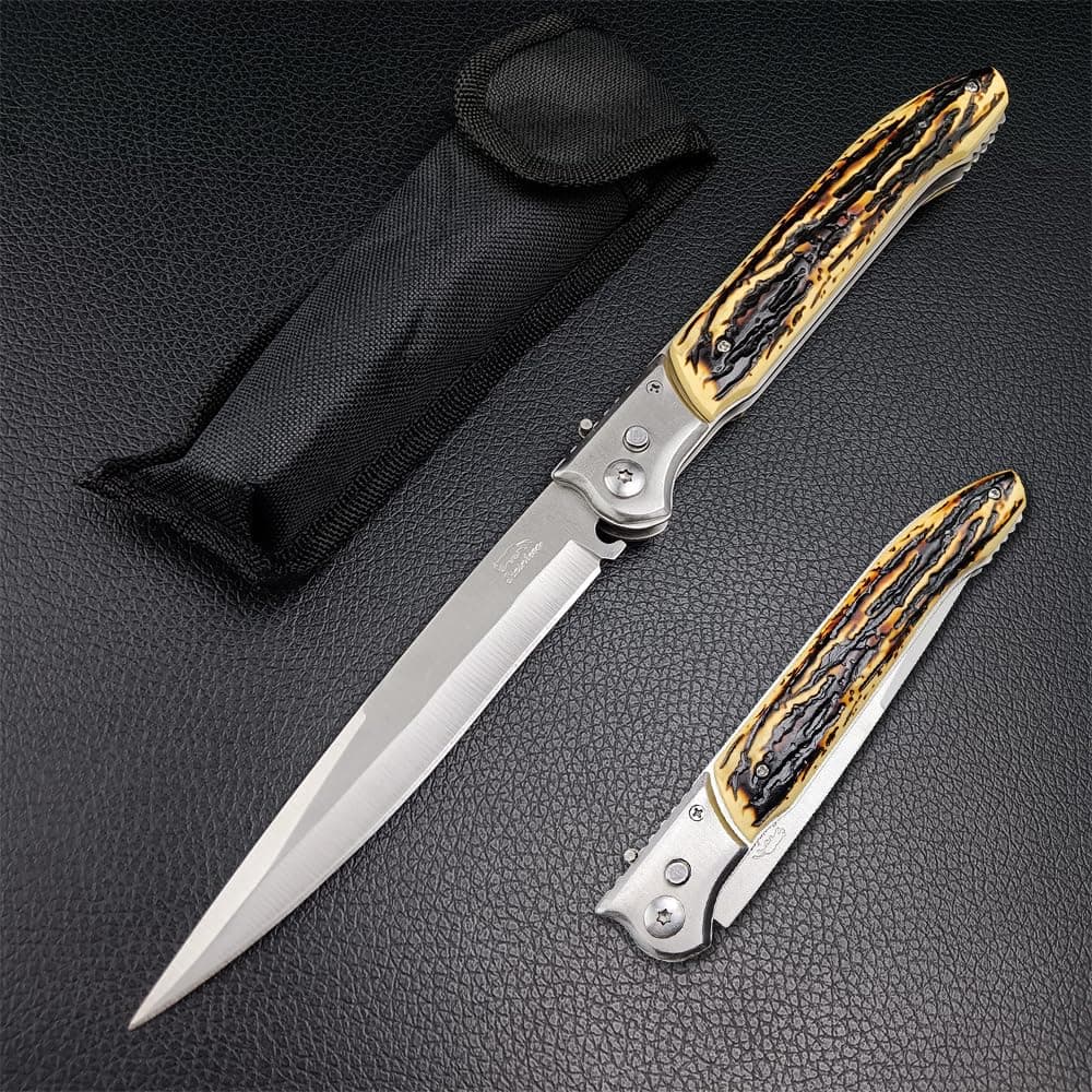 EDC 12" Pocket Knife with Slide Lock, Stainless Steel Blade, Wood Handle, Camping and Hunting