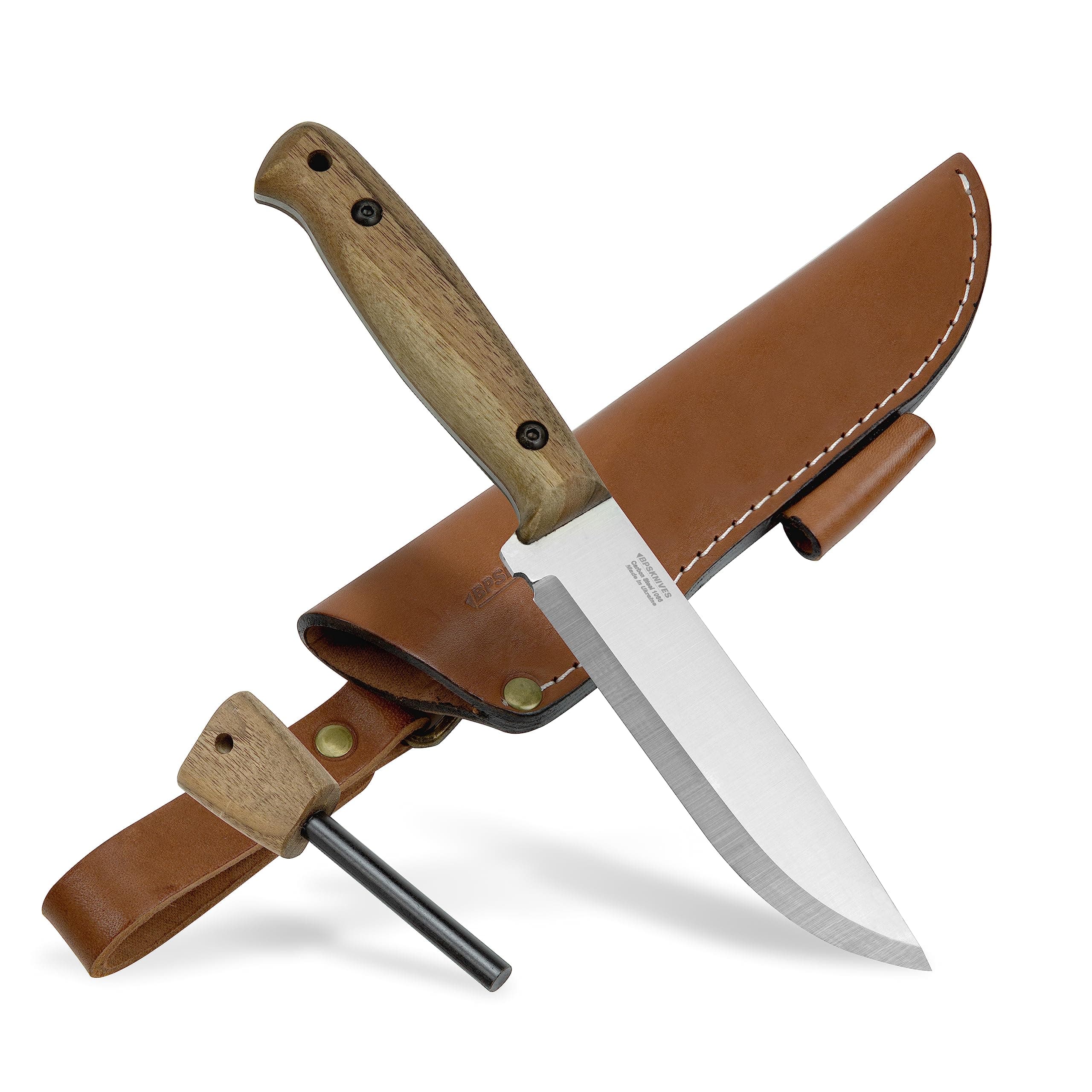 BPS Knives Adventurer - Bushcraft Fixed-Blade Carbon Steel Knife with Leather Sheath and Firestarter